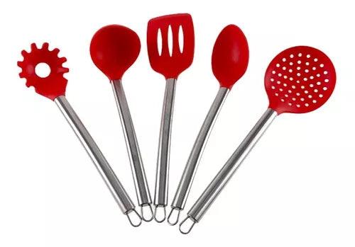 Kit C/ 5 Utensílios Cozinha Silicone Colher Espátula Concha